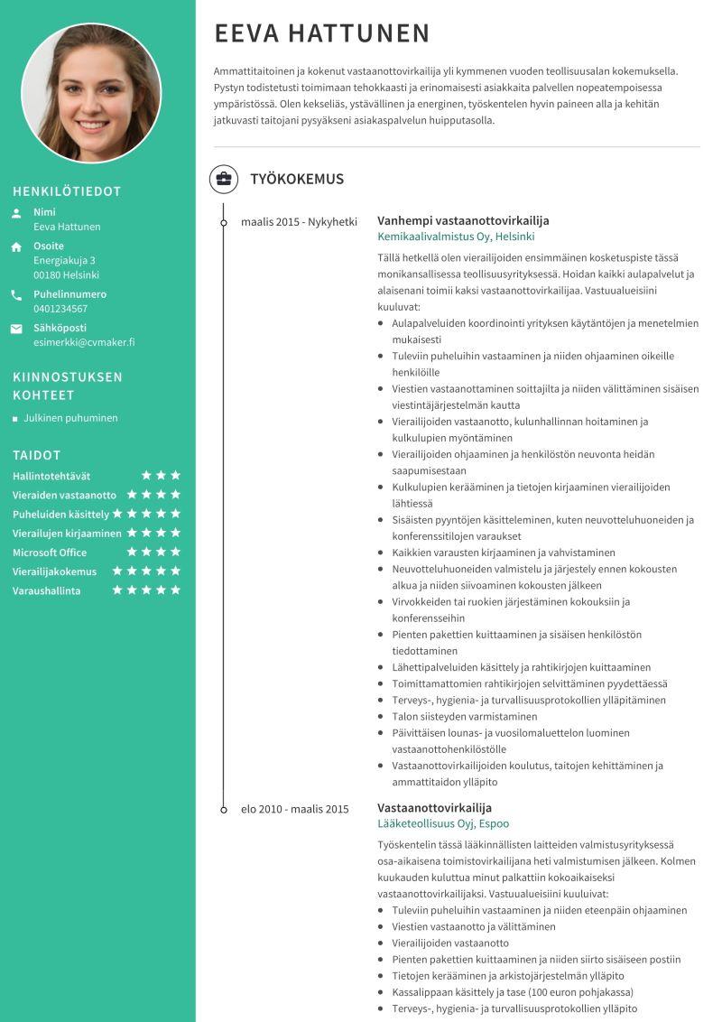 vastaanottovirkailijan CV