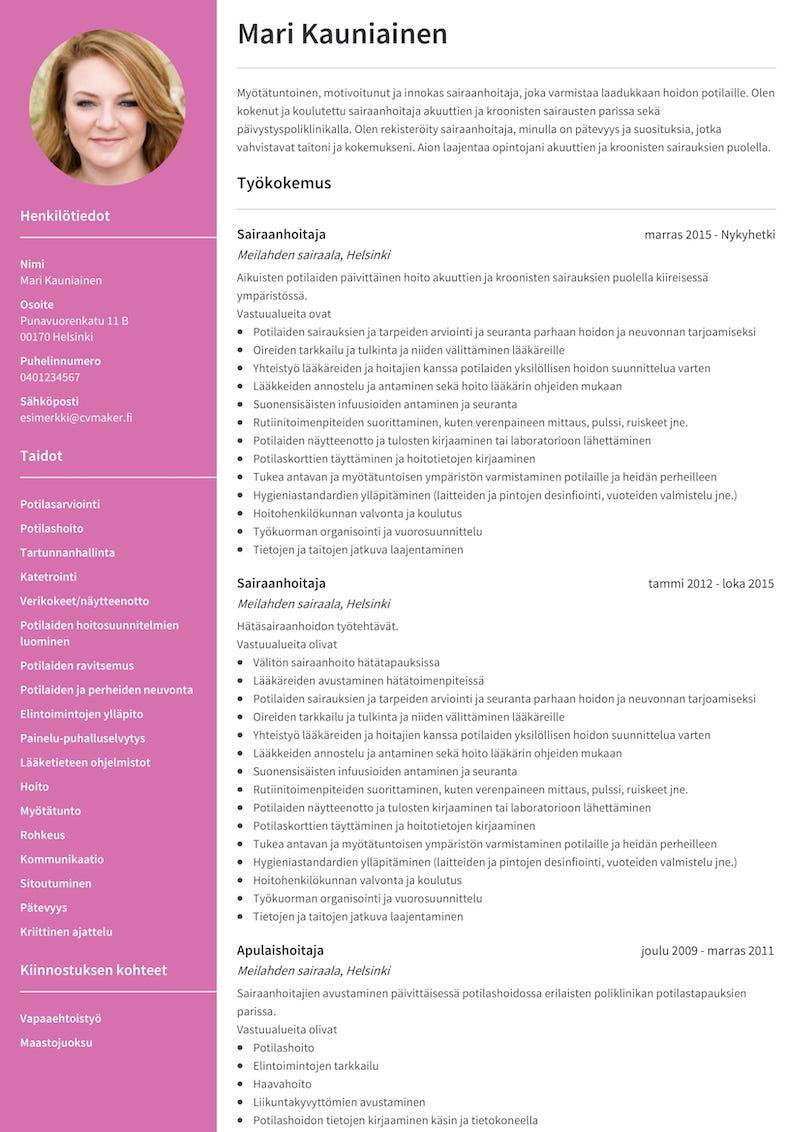 sairaanhoitaja CV