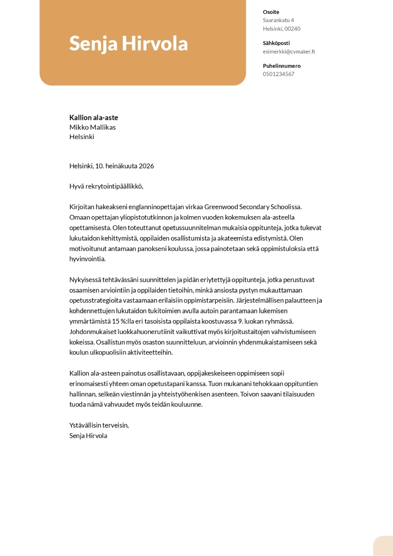 Opettajan työhakemus esimerkki Opettajan työhakemus esimerkki