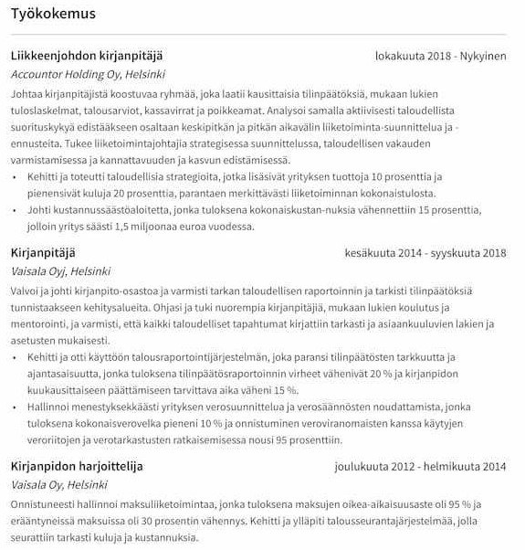 työkokemus cv esimerkki