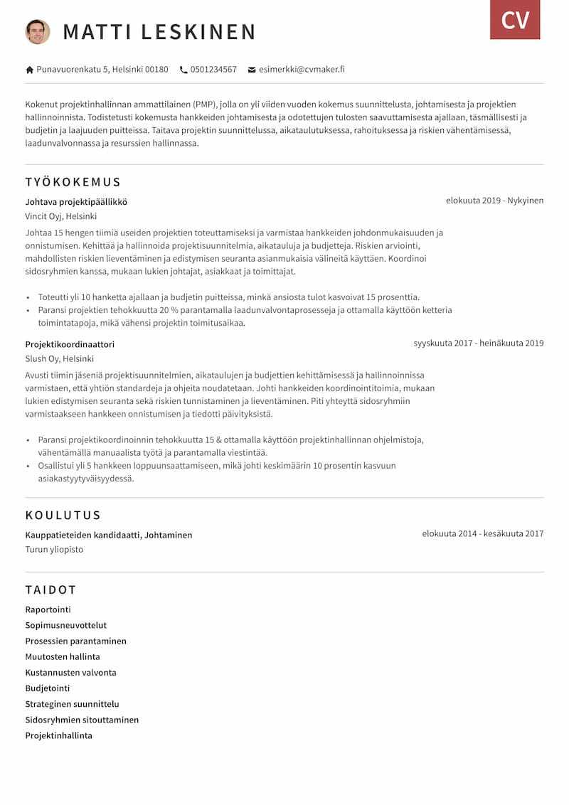 Projektipäällikön CV-esimerkki