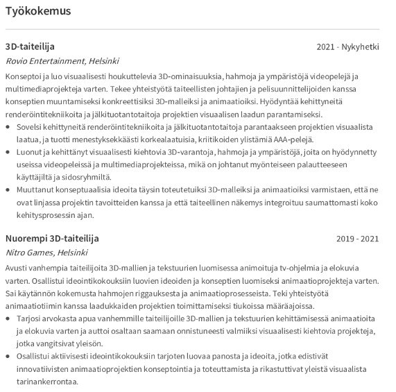 työtehtäviä cv esimerkki