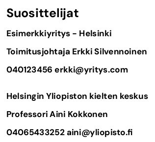 suosituksia cv esimerkki