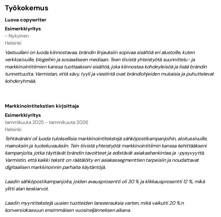 työkokemuksesta cv esimerkki