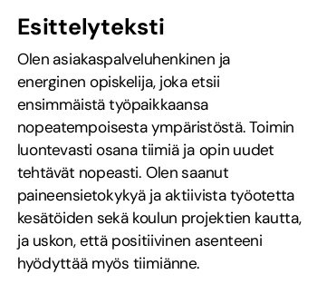 henkilökohtainen profiili cv esimerkki