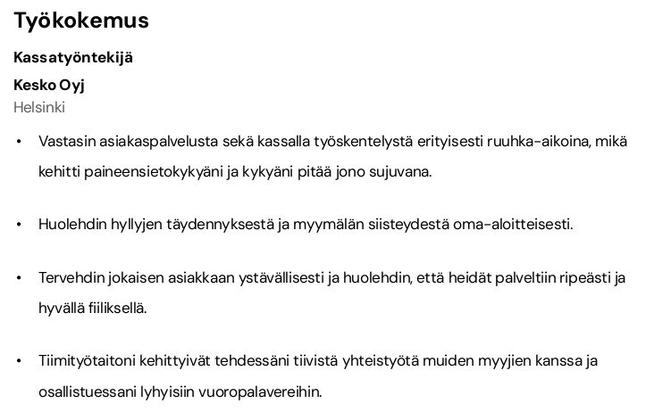 Työkokemus cv esimerkki