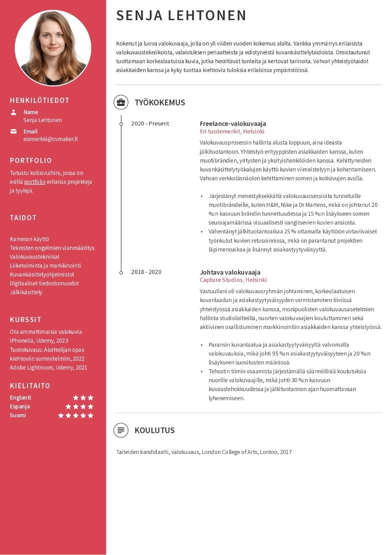 Valokuvaajan CV-esimerkki Valokuvaajan CV-esimerkki