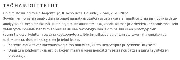 lisäkokemus cv esimerkki lisäkokemus cv esimerkki