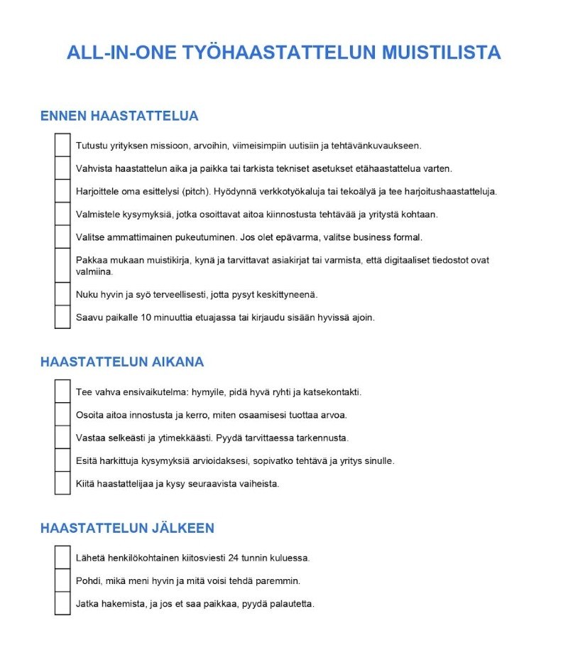 Tarkistuslista työhaastattelua varten